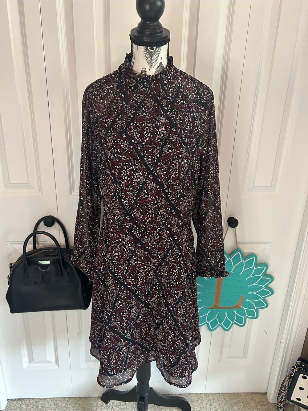 VERO MODA Floral Paisley Diamond Print Mock Neck Open Back Dress - Size Medium